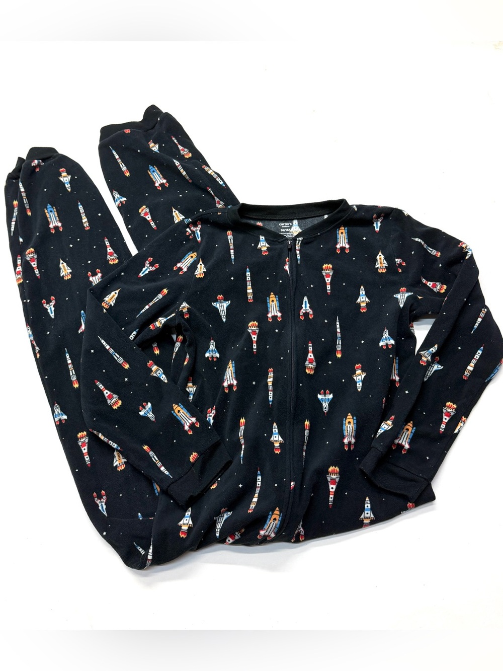 Carter’s Kids Black Rocket Space Spaceship Print Pajama Fleece One Piece Romper